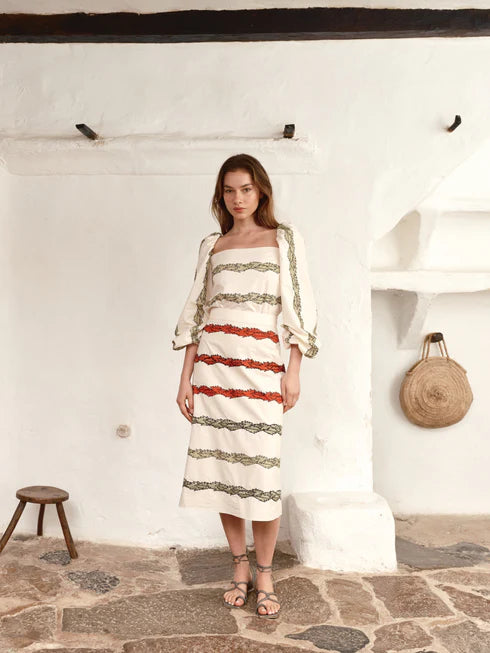 Midi Skirt el Carmen Embroidered Cotton / Ivory Striped Helechos