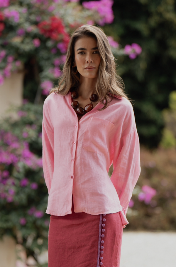 Camisa Aura Manga Larga De Lino Rosado
