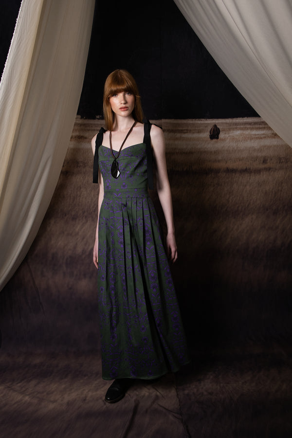 Vestido Cleo Midi Dress Verde Con Preses Flores Lila